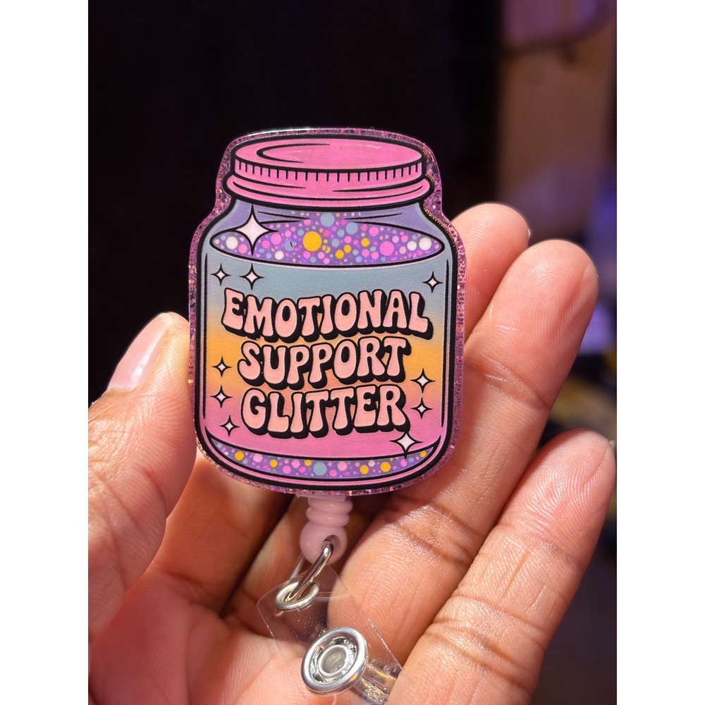 Emotional Support Glitter Badge Reel Retractable ID Holder Nurse Teacher Gift